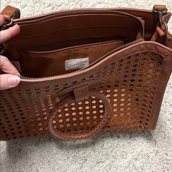 Brown Woven Leather Handbag Convertible Ring Handle Purse Boho - Picture 3 of 6